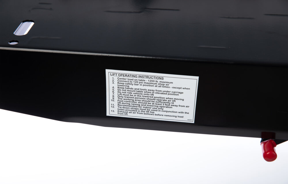 standard 1200 Air lift operating instructions decal